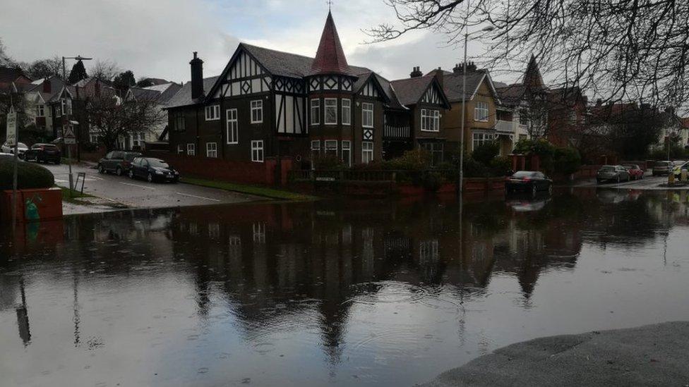 Flooding on Sketty Road at the junction with Glanmor Park Road, Uplands