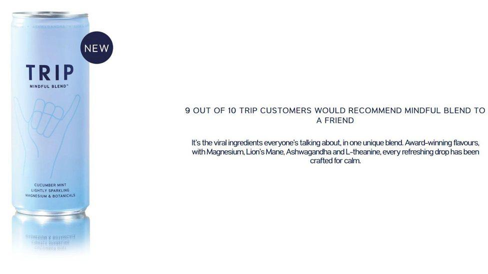 Part of a screen shot of the Trip banned advert from its website, showing a light blue can of Trip drink. In text it says a host of ingredients are "crafted for calm".