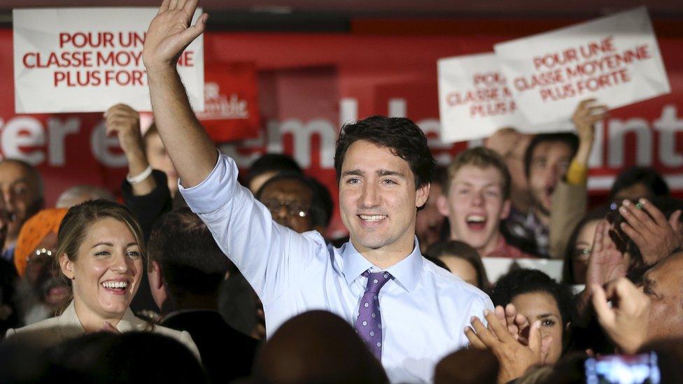 Liberal leader Justin Trudeau pictured with supporters on 15 October 2015