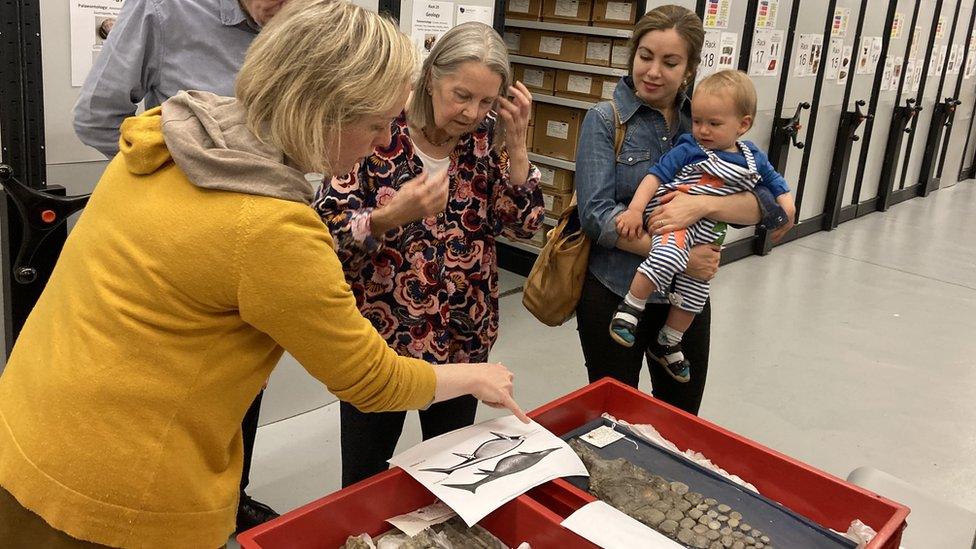 Pauline's family visiting Leeds Museum to see the fossil