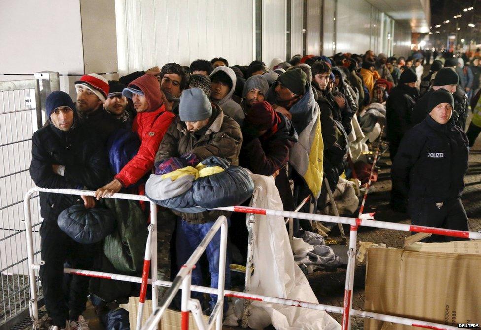 Migrants queue for registration in Berlin, 9 December 2015