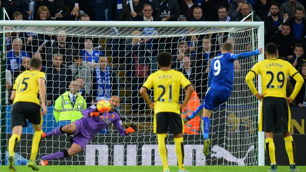 Jamie Vardy scores against Watford