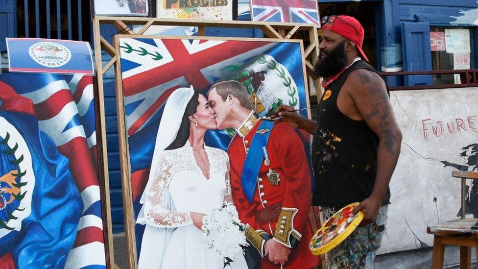 Artist Alex Sanker painting a picture of William and Kate in Belize City