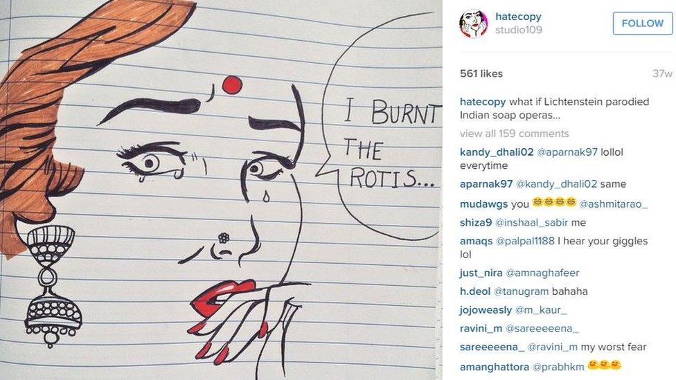 Instagram post showing a drawing on notepad with a woman with a nose stud looking worried saying 'I burnt the rotis'. The caption states 'what if Lichtenstein parodied Indian soap operas'