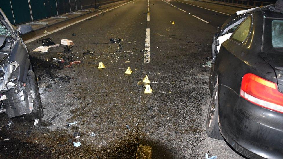 Crash point of two cars on the M4 motorway