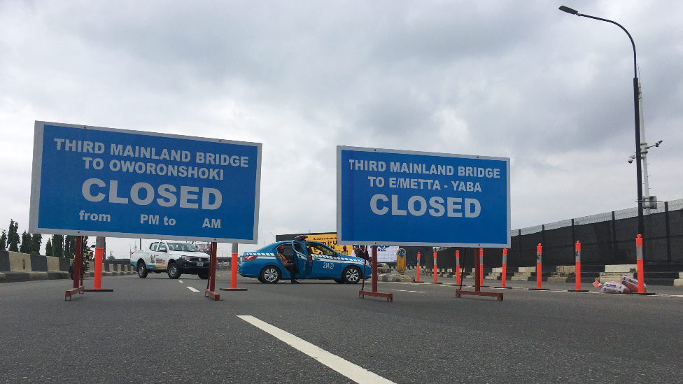 Closed signs on the Third Mainland Bridge in Lagos, Nigeria