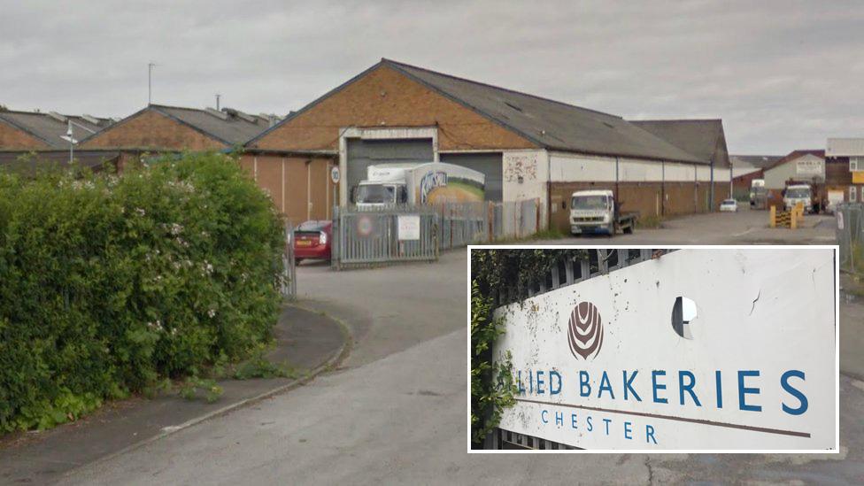 Allied Bakeries depot in Saltney, Flintshire and an Allied Bakeries sign in Chester/Satlney