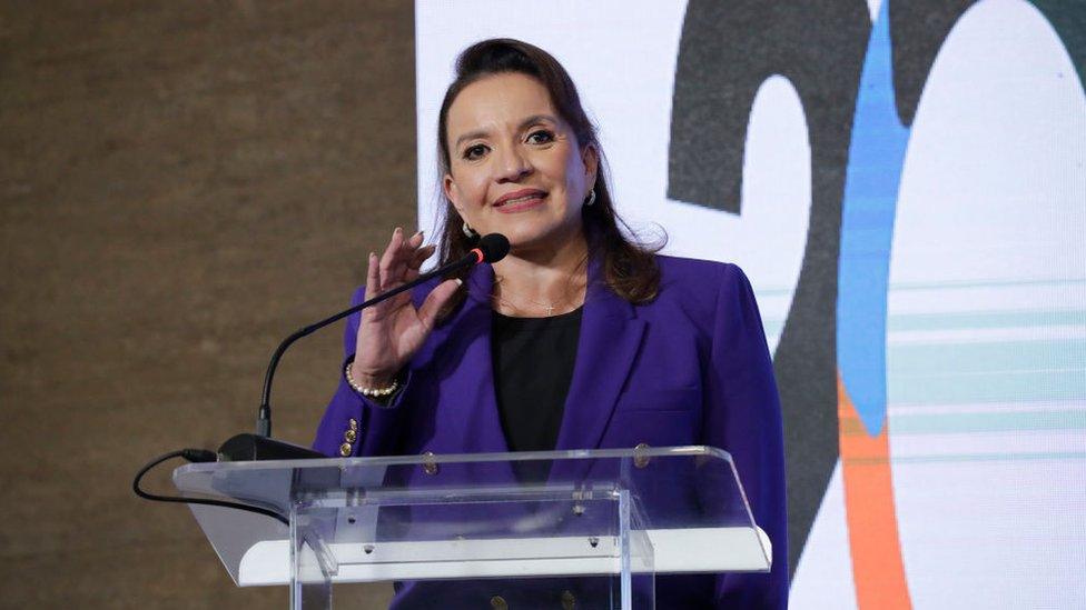 Honduras President Xiomara Castro delivers a speech