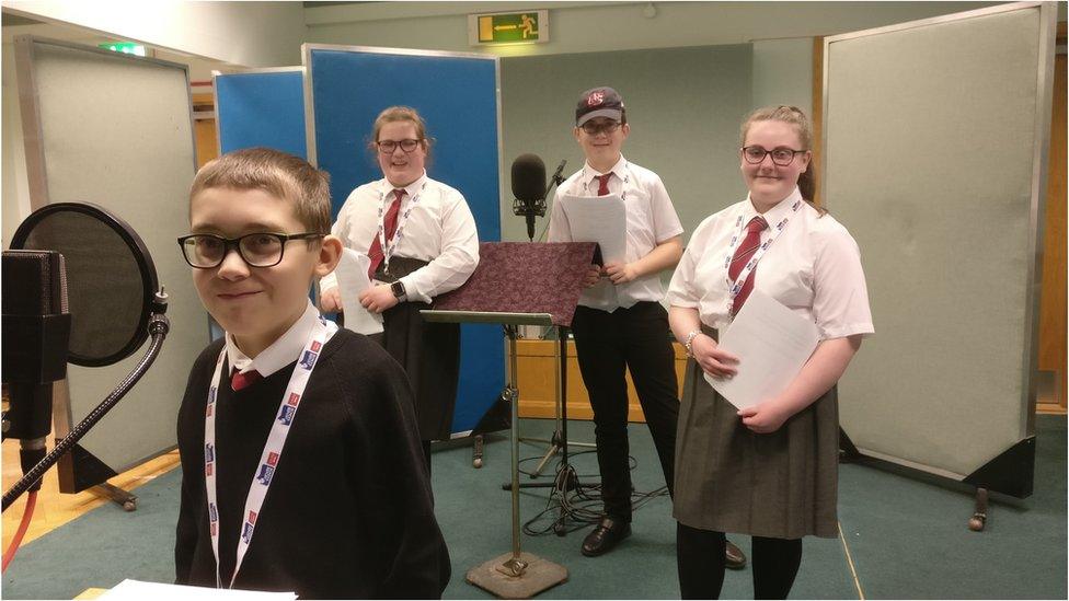 School reporters from Jordanstown School try out the radio drama studio