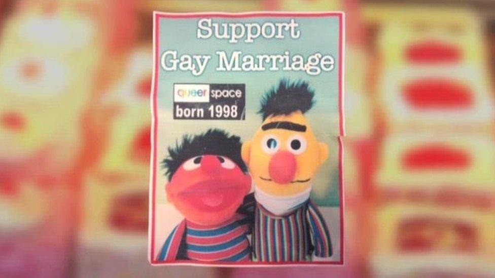 A cake bearing an image of the Sesame Street puppets Bert and Ernie and the slogan: 'Support Gay Marriage'