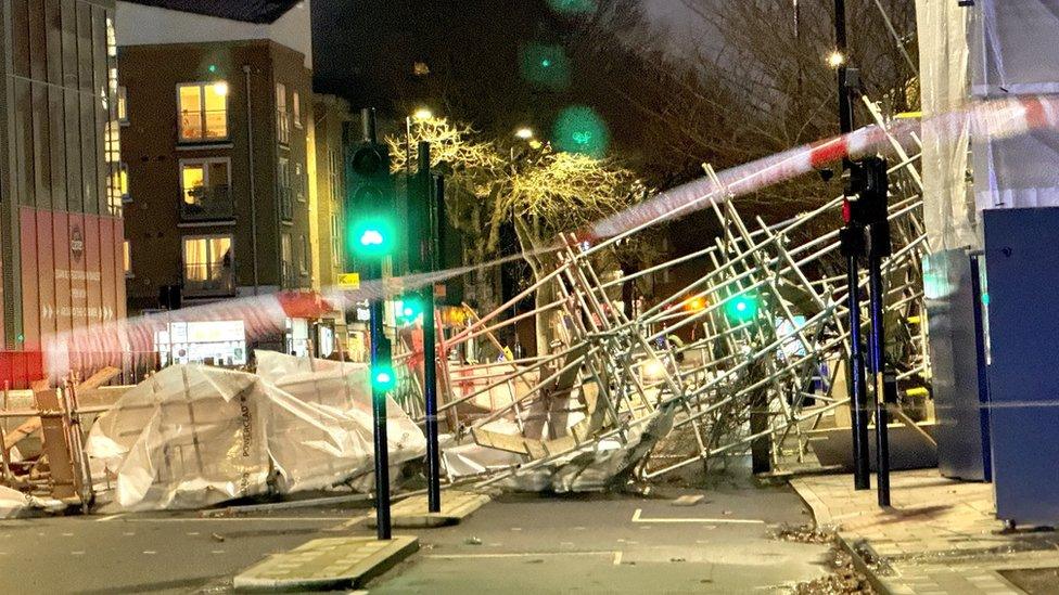 Scaffolding brought down by Storm Henk in Deptford