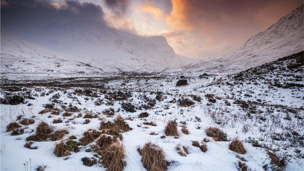 snow covered mountains against sky, Glencoe.