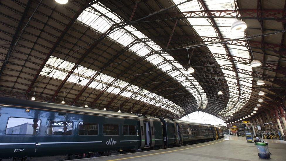 Temple Meads main train shed roof with GWR train