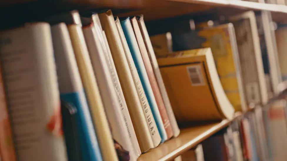 A close-up photo of a shelf of books.