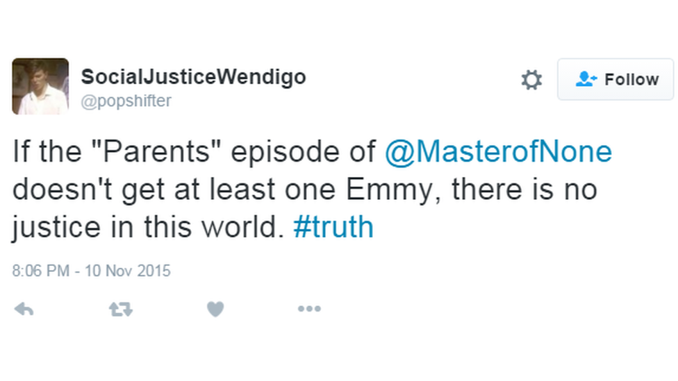 "If the Parents episode of Master of None doesn't get at least one Emmy, there is no justice in this world"