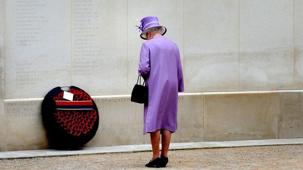 Queen Elizabeth II laying a wreath at the Armed Forces Memorial , National Memorial Arboretum 2011