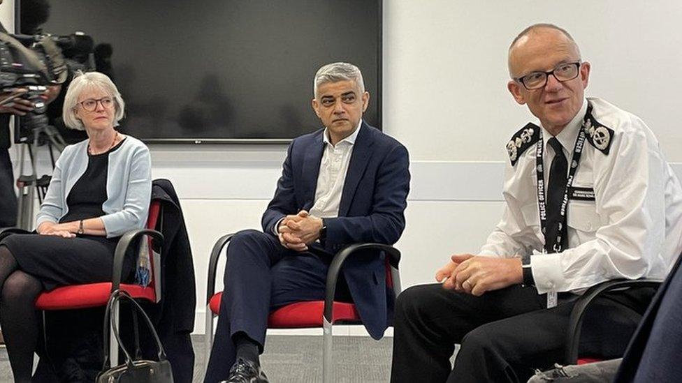 Left to right: Sophie Linden, Sadiq Khan and Sir Mark Rowley at Hendon Police College