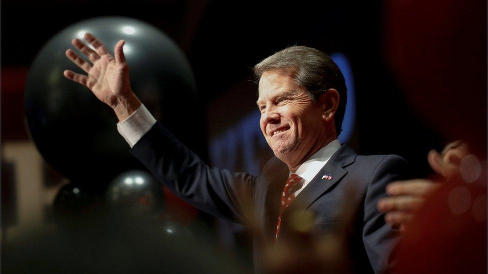 Following midterm elections, Republican gubernatorial candidate Brian Kemp reacts after appearing at his election night party