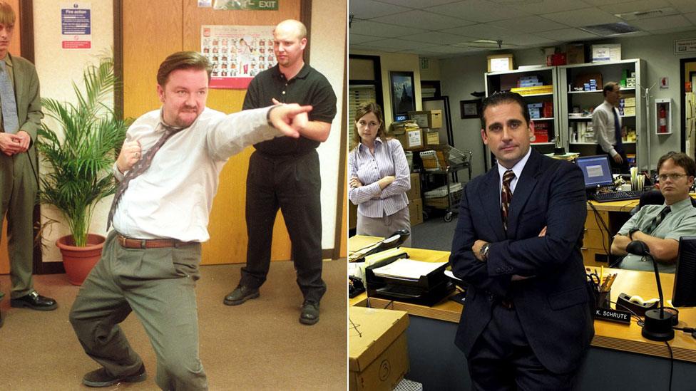 Ricky Gervais and Steve Carell in their respective versions of The Office