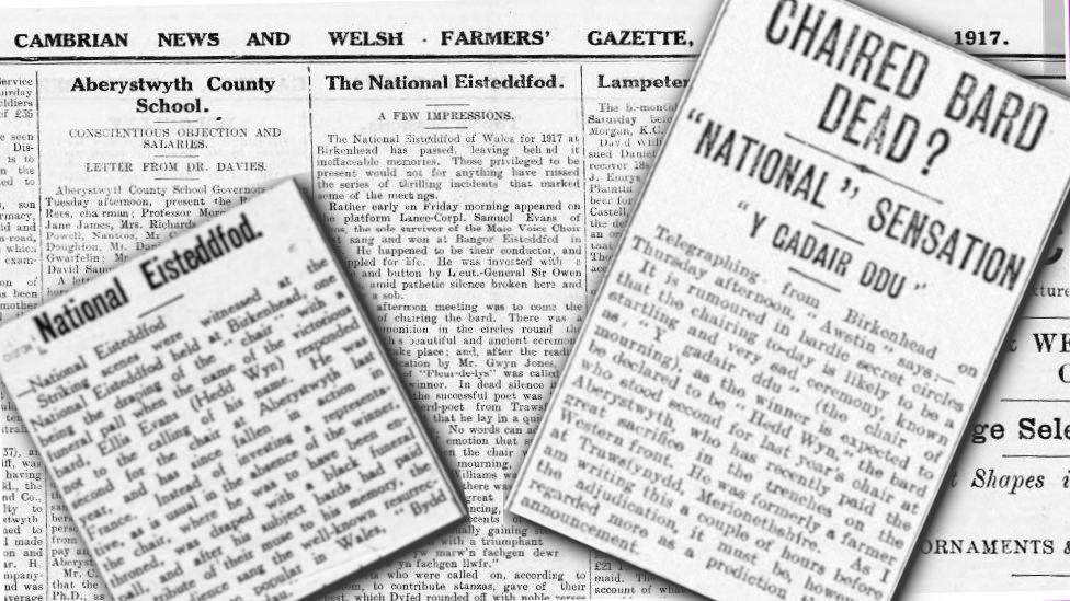 Newspapers reporting Hedd Wyn winning the National Eisteddfod