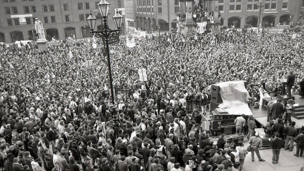 Clause 28 protest in Manchester's Albert Square in 1988