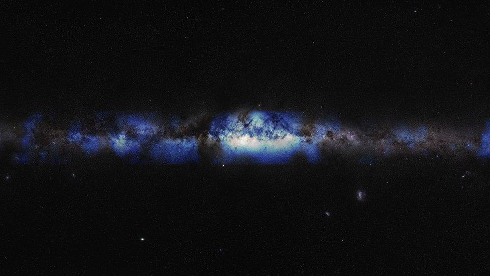 The image shows our Galaxy, the Milky Way, in ghostly particles called neutrinos