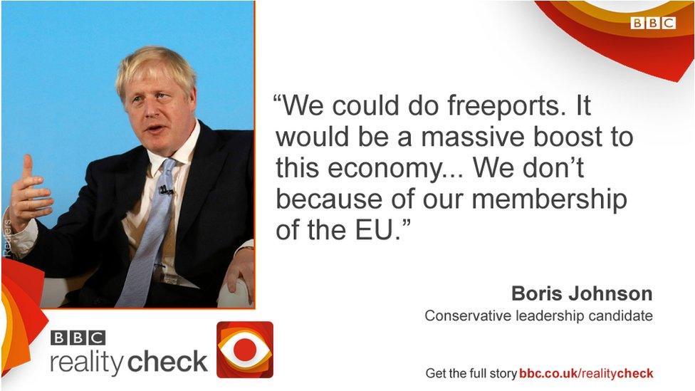 Boris Johnson saying: We could do freeports. It would be a massive boost to this economy... We don't because of our membership of the EU.