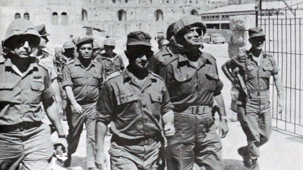 A group of armed Israeli military commanders arrive in East Jerusalem, after Israeli forces seized East Jerusalem, during the Six-Day War in 1967