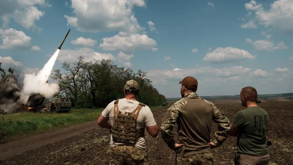 Two HIMARS missiles, seen here being launched in Ukraine May 2023