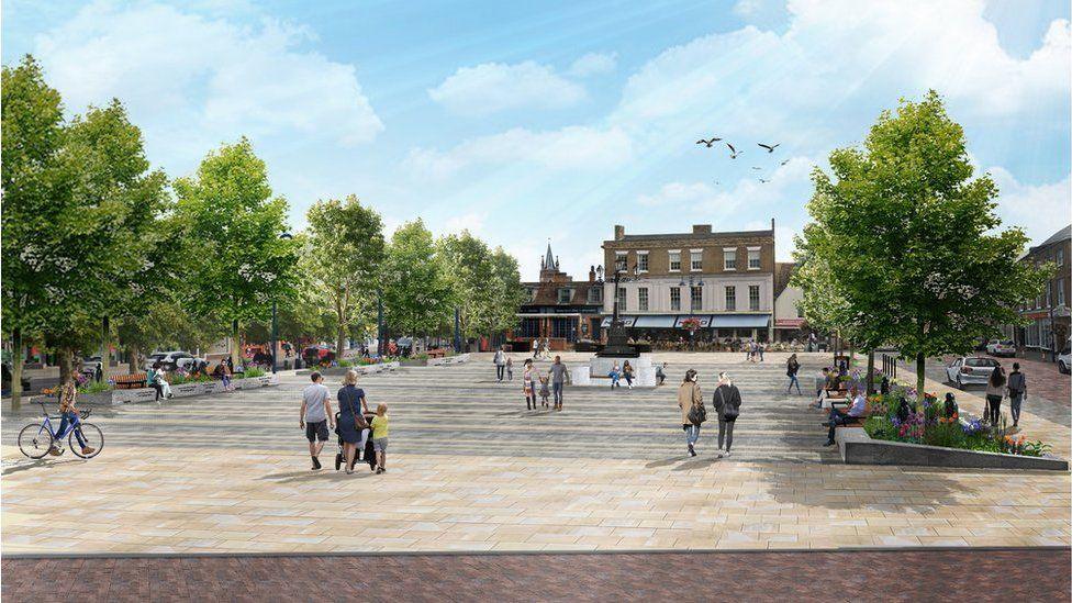 An artist's impression of the future look of St Neots Market Square, which is pedestrianised and with more floral arrangements and trees