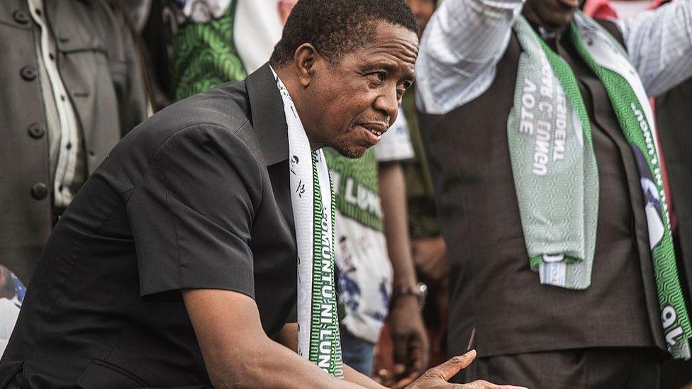 Zambian President Edgar Lungu looks on during his presidential campaign closing rally on August 10, 2016 in Lusaka.