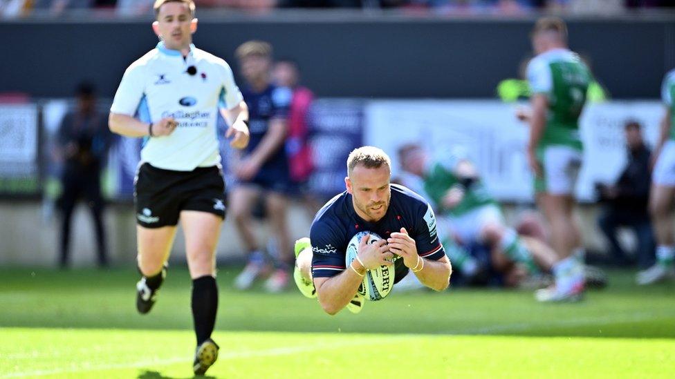 James Williams of Bristol Bears dives over to score their side's fifth try against Newcastle Falcons at Ashton Gate