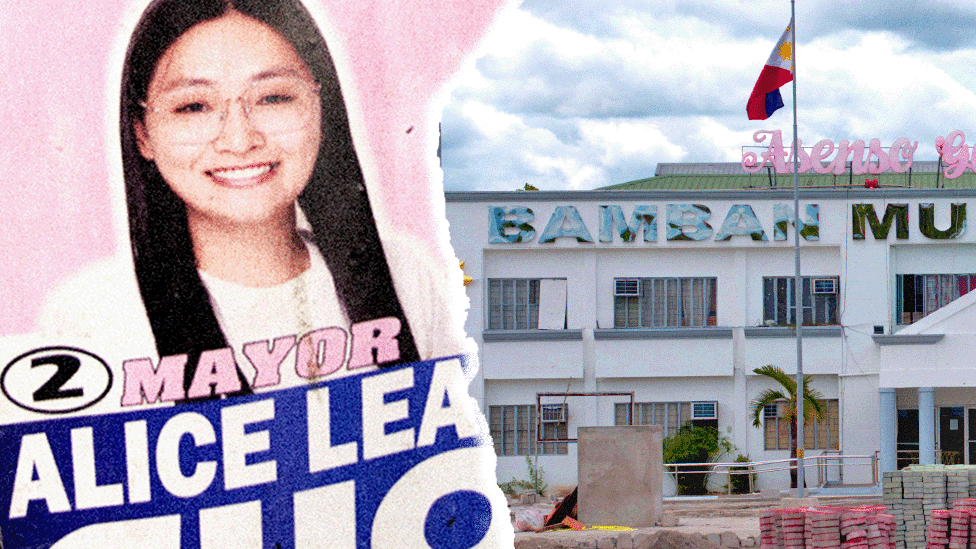 A leaflet from Alice Guo's election campaign made into a composite image with another image of the Bamban municipality building.