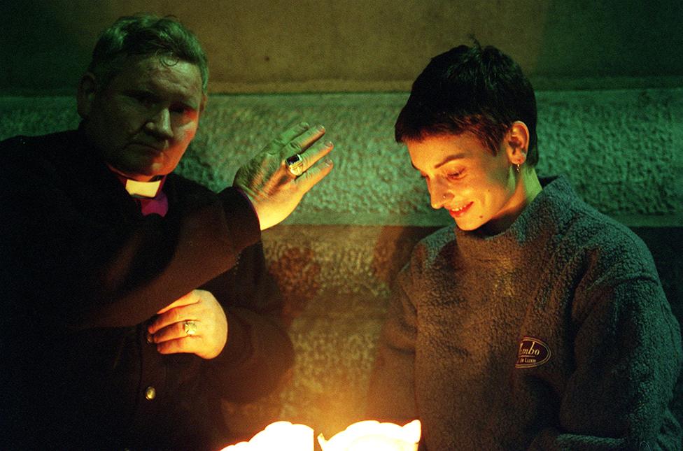 Sinead O'Connor at Lourdes in France being ordained as a Priest in the Latin Tridentine Church by the Reverend Dr Michael Cox on 21 April 1999