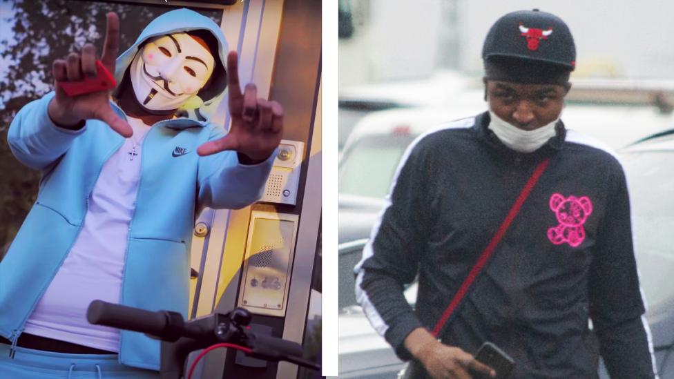 Left: a photo of Tankz in a blue tracksuit, right: a photo of a man in a black tracksuit that BBC Panorama believes may be Tankz