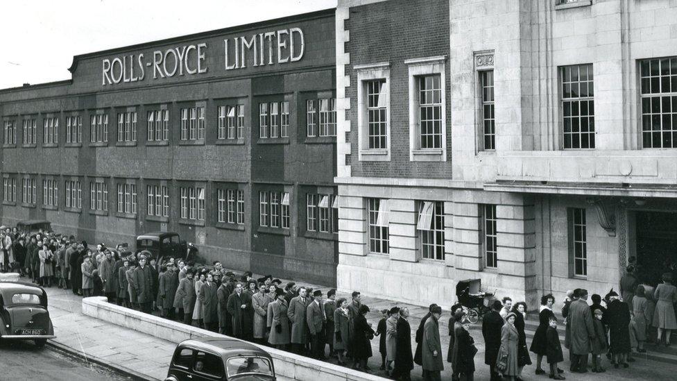 Visitors queuing up to see the window unveiled at Rolls-Royce in 1949