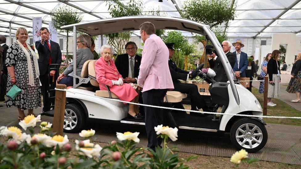 Queen in buggy at Chelsea Flower Show