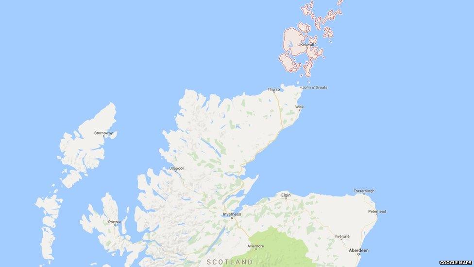 The islands of Orkney, off the coast of Scotland, on Google maps