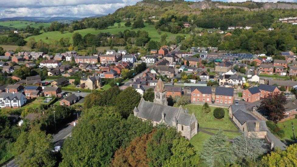 Aerial view of Llanymynech, with church in foreground