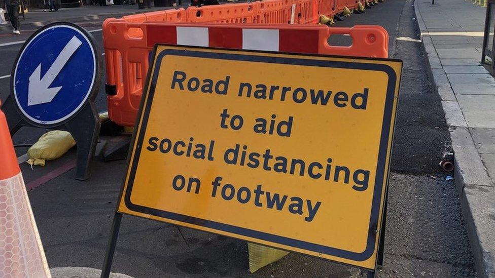 Temporary walking infrastructure set up on some roads during the coronavirus lockdown