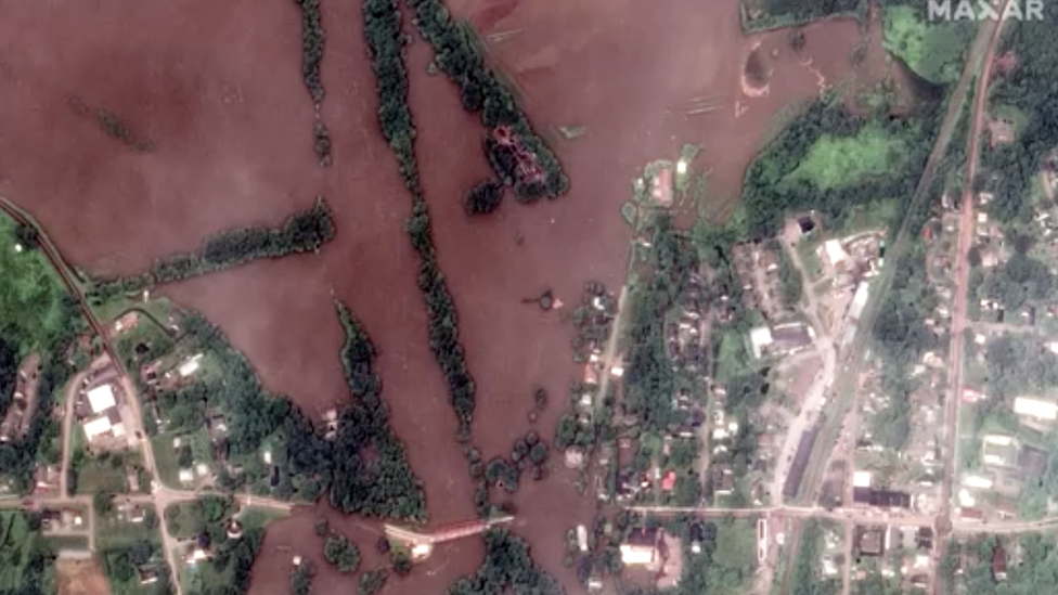 The flooded Winooski river in Richmond, Vermont