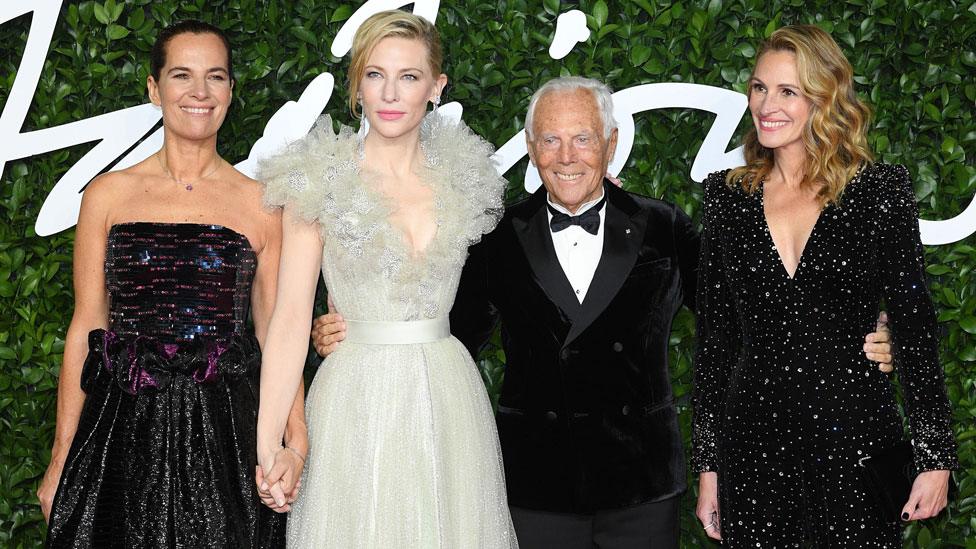 (Left to right) Roberta Armani, Cate Blanchett, Giorgio Armani and Julia Roberts