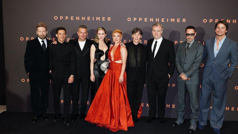 Christopher Nolan (third from right) with some of the stars at the premiere of Oppenheimer in London