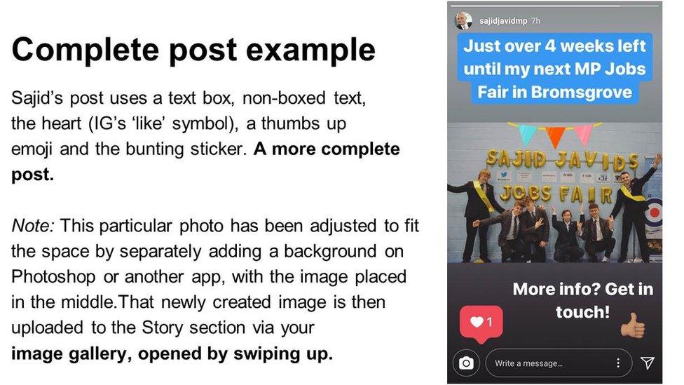 Slide: "complete post example", picture of Sajid Javid story
