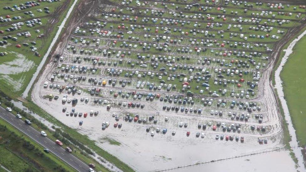 Flooded park and ride site for Festival No.6 in Porthmadog