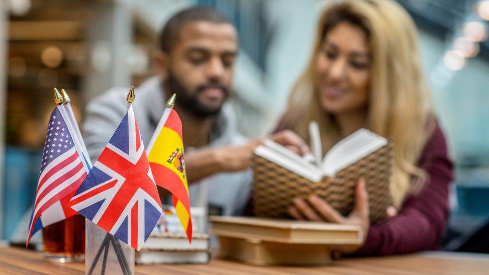 Students behind flags