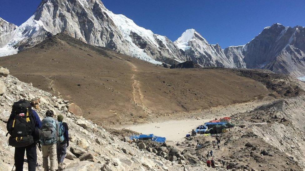 This April 10, 2016 photo shows trekkers heading to Everest Base Camp, Nepal