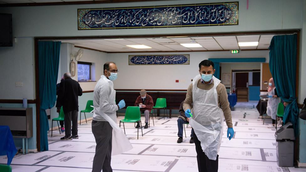 Pharmacists at the Al Abbas Mosque, Birmingham, which is being used as a Covid vaccination centre