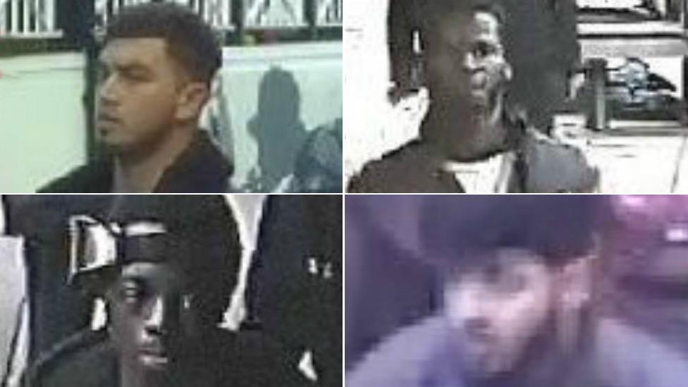 A composite image showing CCTV stills of four suspects