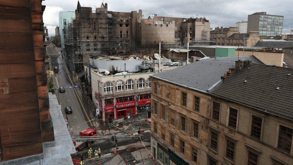 Exterior view of the fire damage at the Glasgow School of Art in the historic Mackintosh Building and the O2 ABC Glasgow